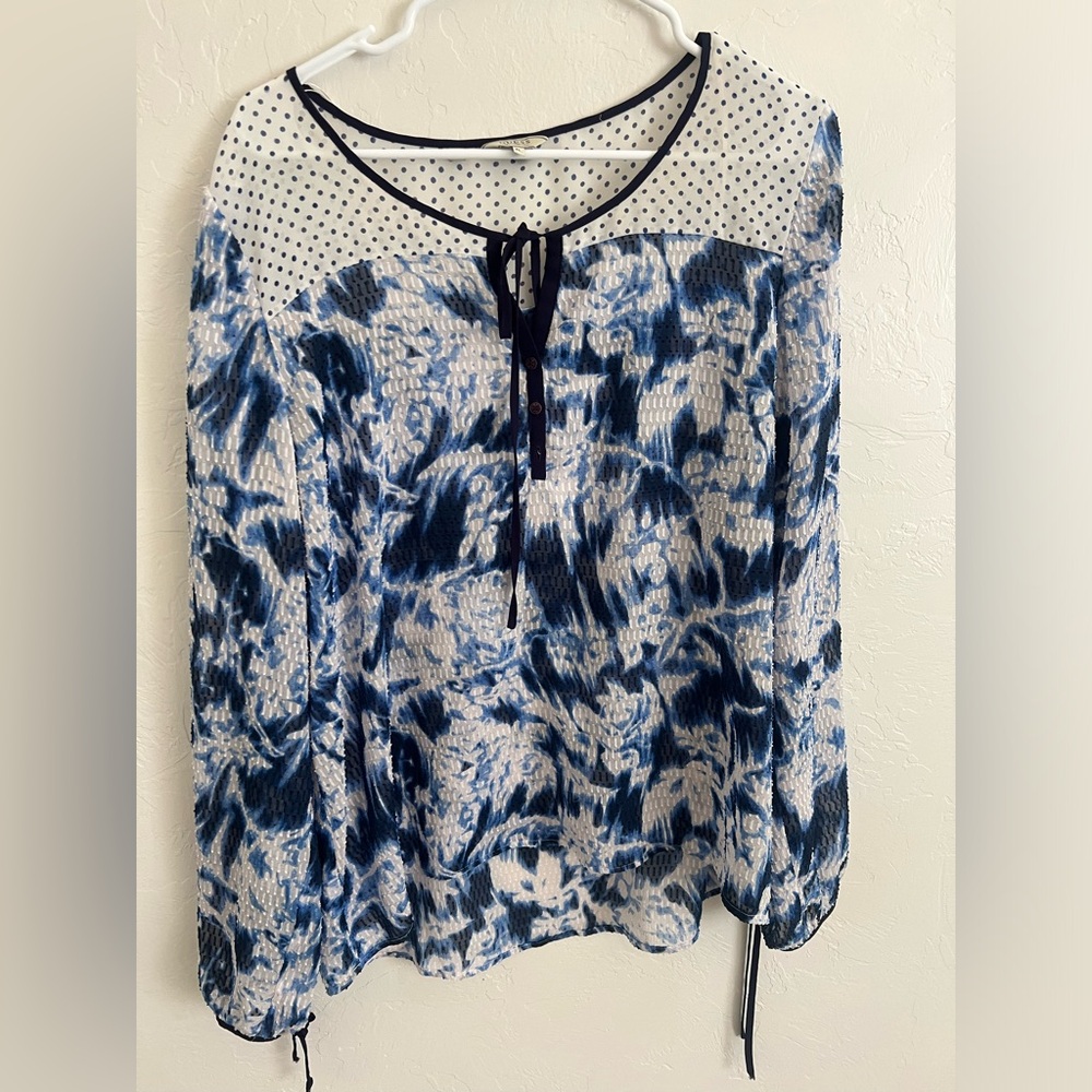 Guess Women's Blue and White Long Sleeve Blouse XL